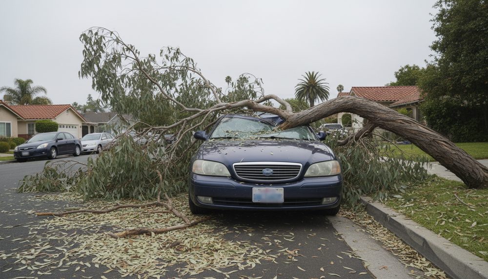 A large fallen eucalyptus branch resting across the hood and roof of a parked car on a residential street