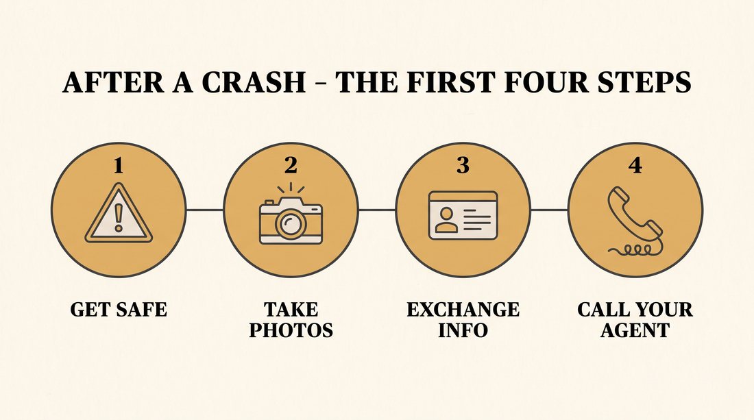Diagram of the first four steps after a crash: get safe, take photos, exchange information, call your agent