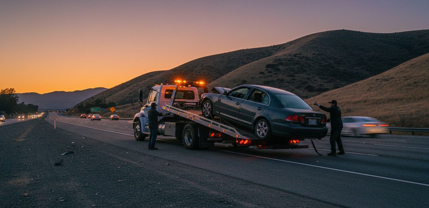 A flatbed tow truck loading a damaged sedan on the shoulder of a California highway at dusk