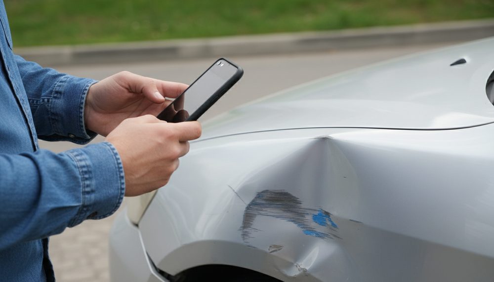 A person photographing a dented and scraped front fender on a silver car with a smartphone