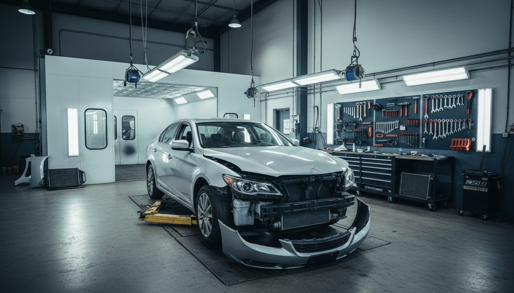 A silver sedan with front-end damage on a lift inside a collision repair shop beside a paint booth